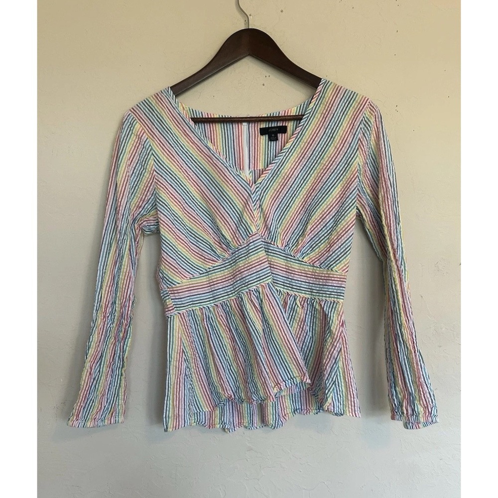 J Crew Rainbow Stripe Seersucker Top 6 Peplum Babydoll Preppy Spring Long Sleeve